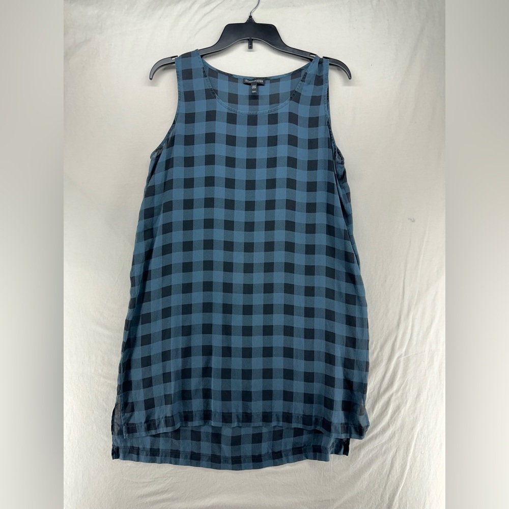 Eileen Fisher Blue 100% Silk Buffalo Check Plaid Tunic Tank Top Size M‎
